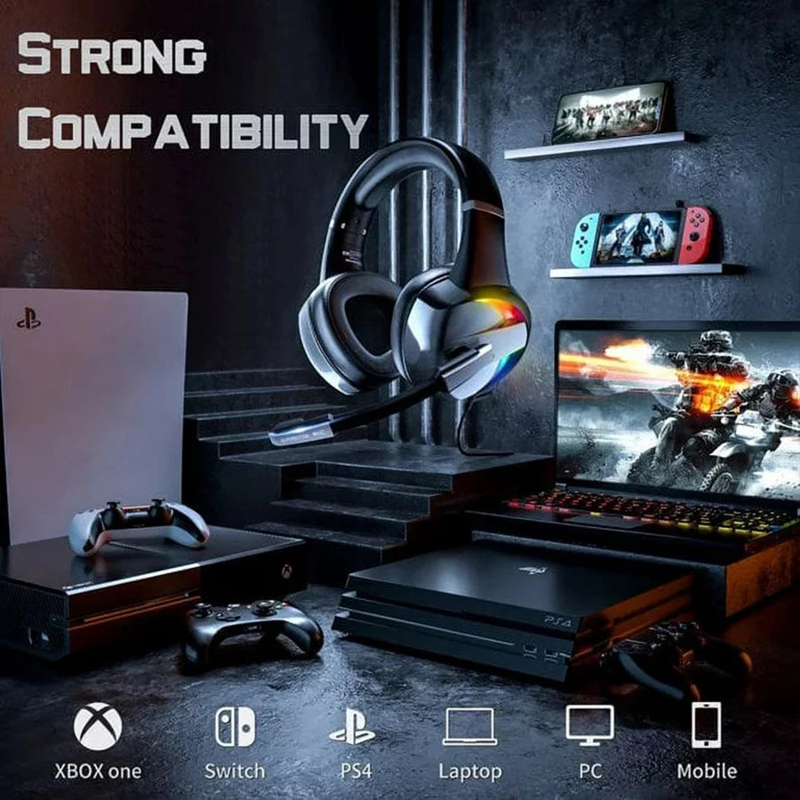 RGB Gaming Headset with Noise Canceling Microphone Surround Sound LED Headphones for PS5 PS4 Xbox One PC Laptop Mac Computer PC - Broccoli Gaming