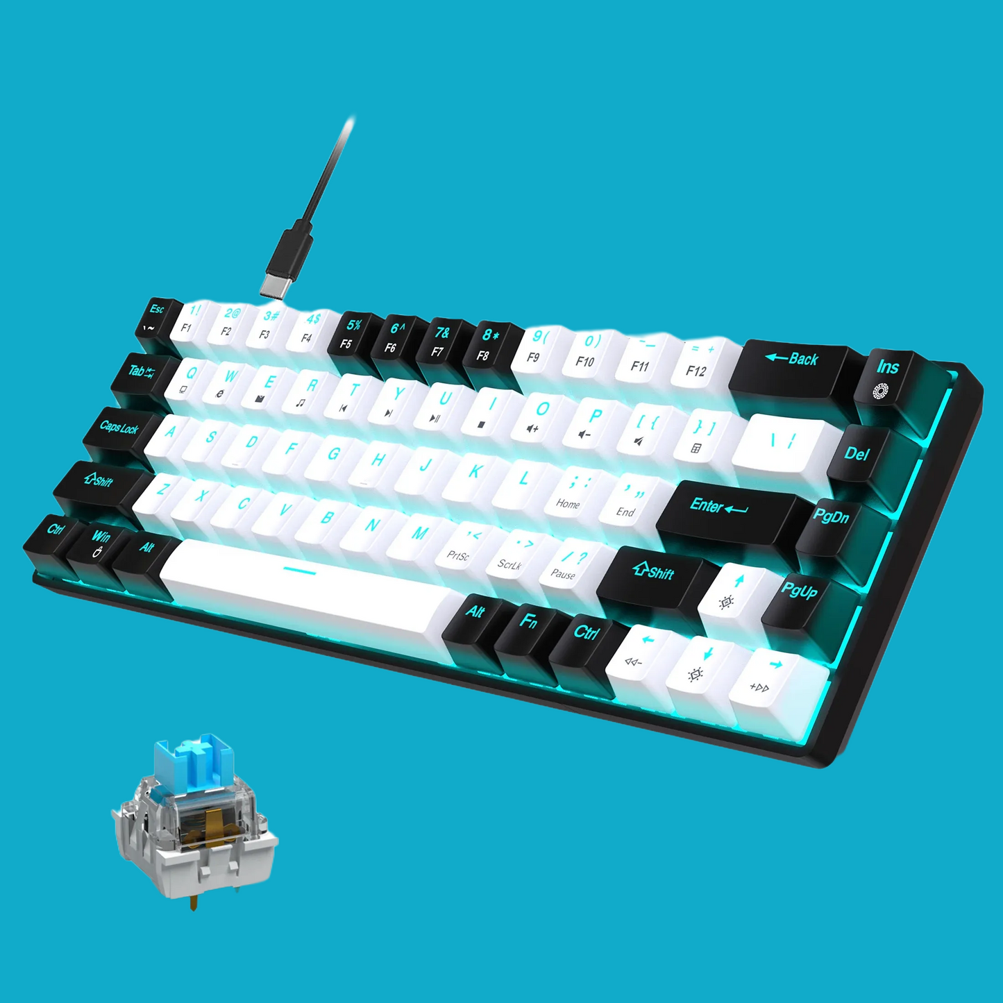 BRG - V800 Blue Switch Hot-Swappable Mechanical Gaming Keyboard - 68 Keys, Ice Blue Backlighting, Detachable Cable, Dual-Color Keycaps, Compatible with Windows, Mac & Linux - Broccoli Gaming